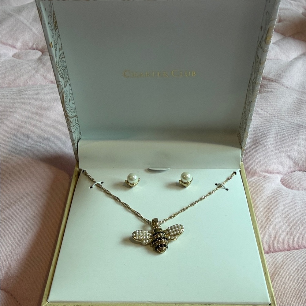 Charter Club Gold Bee Pendant Necklace with White Pearl Studs